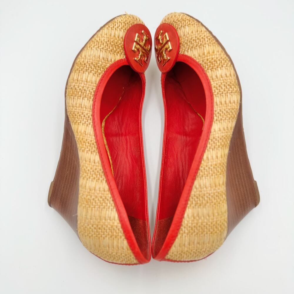 Tory Burch Reva Raffia Wedge Pumps 8M Straw Woven Red Logo Coastal Resort Shoes - Picture 9 of 16